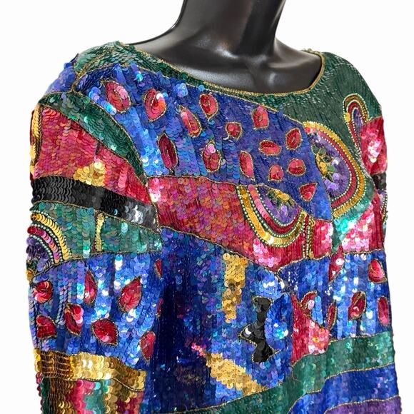 VTG 80 90s JEAN FOR JOSEPH LE BON COLORFUL RETRO SEQUIN TOP HOLIDAY PARTY GLAM L - Picture 2 of 5